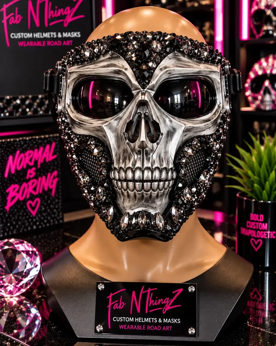 Two-tone skull mask with black stones, dark crystals, brushed silver finish, and smoked lenses