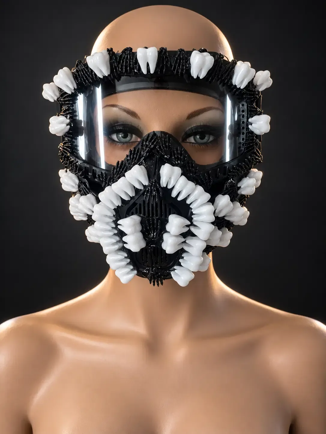 Black spike-armored mask with rows of white teeth around the eye frame and lower face and a clear visor on a mannequin