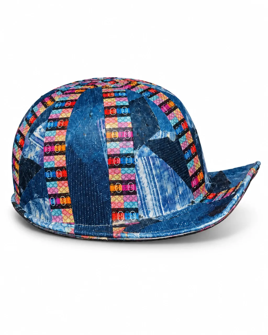 Colorful patchwork denim ball-cap helmet isolated on a white background