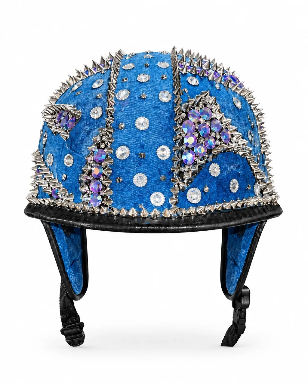 Blue denim motorcycle helmet with metallic spikes and crystal embellishments on a clean white background