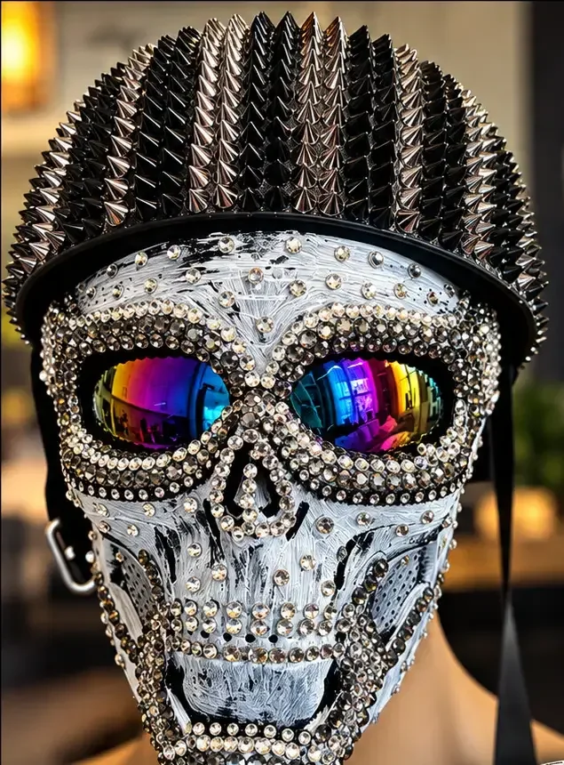 Silver ghost skull mask hand-set with rhinestones, crystals, mirrored rainbow lenses, and a full spiked dome