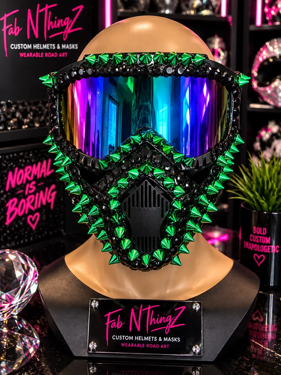 Black skull mask armored in emerald green spikes and black crystals with an iridescent rainbow visor