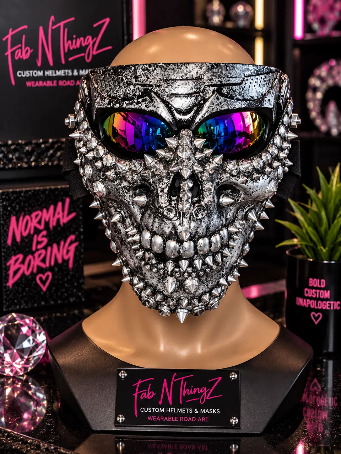 Silver spike skull mask with mirrored rainbow lenses and crystal accents