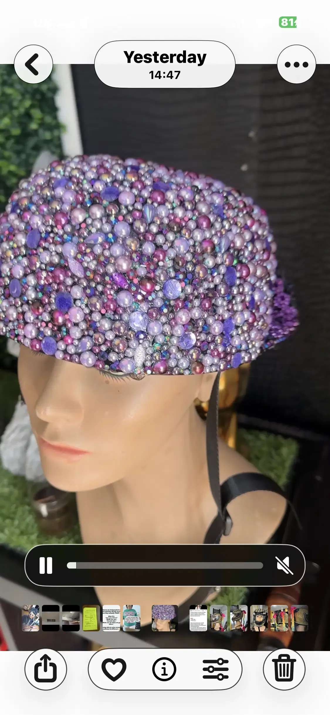 Original photo of the purple crystal-embellished ball-cap helmet