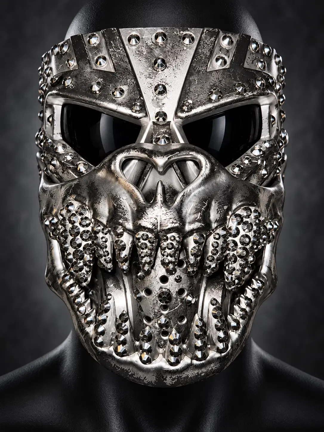 Silver two-face mask with dark lenses, layered metal plating, metal studs, and crystal accents